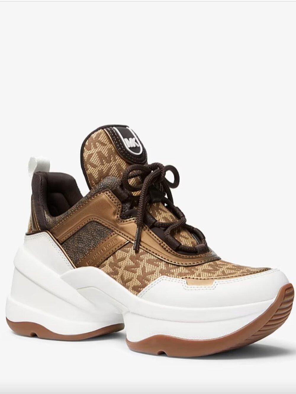 Michael Kors Olympia Brown Logo Jacquard and Metallic Leather Trainer